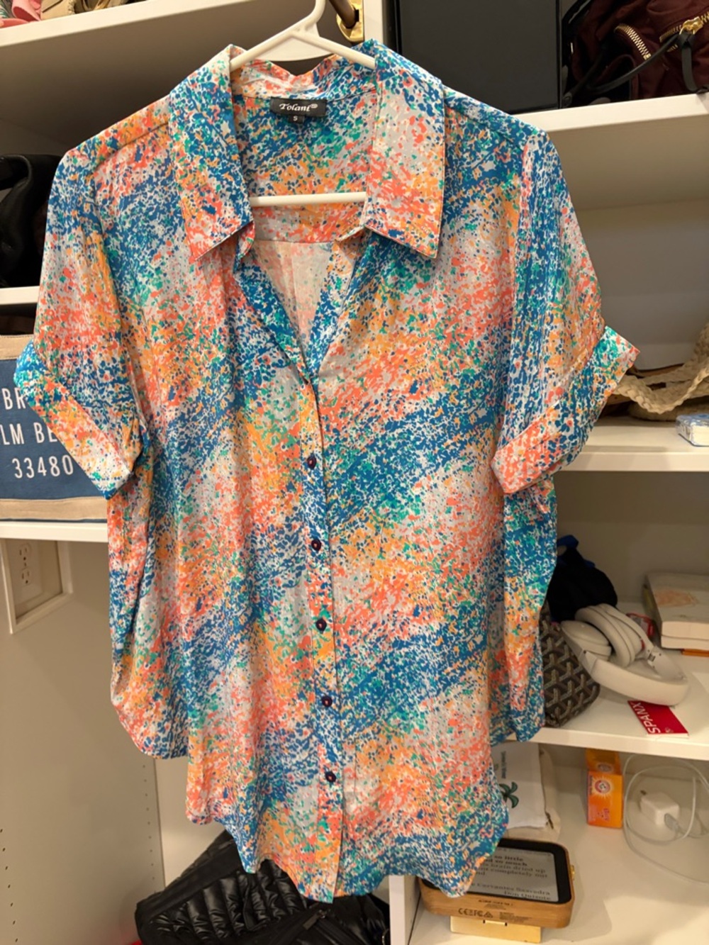 Tolani Blue Teal Coral Speckled Button-Up